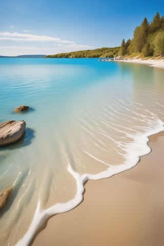 A serene summer scene unfolds on a fine sand beach shore, bathed in the warmth of broad daylight. The crystal-clear lagoon laps gently at the water's edge, sending miniature splashes into the air. In the midst of this idyllic atmosphere, subjects pose with carefree abandon, soaking up the sunshine.