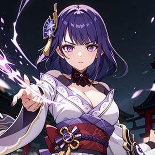 A character inspired by Raiden Shogun from Genshin Impact, featuring a regal and imposing appearance. She has long, flowing dark purple hair, styled elegantly. She wears a traditional Japanese-inspired outfit with intricate patterns and designs, combining elements of armor and kimono. In her hand, she holds a glowing, electrified polearm, surrounded by an aura of violet lightning, indicating her electro powers. The background is a dramatic, stormy sky with flashes of lightning, adding to the intense and powerful atmosphere. The overall mood is one of authority, strength, and mysticism,raidenshogundef,raiden_genshin