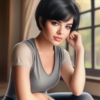 color pencil art, drawing in color a 20 years old classy woman, classy makeup, black hair color, pixie hair cut, working out in leggings outfit, soft and warm light, sweat, full-body_portrait