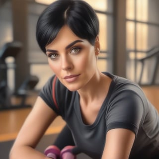 color pencil art, drawing in color a 30 years old classy woman, classy makeup, black hair color, pixie hair cut, working out in gym outfit, soft and warm light, sweat, full-body_portrait