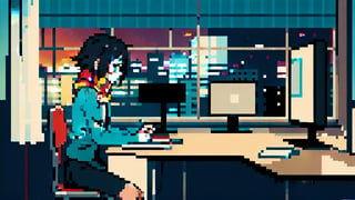 1girl, Makoto Shinkai animation style,solo, guitar, rain outside the window, indoor, scarf, skirt, book, window, silhouette, dusk, chair, table, curtain, computer,