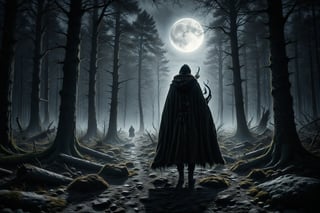 A solitary hunter in fur cloak and ebony bow, tracking traces of shadows fading in a dark forest illuminated by the waxing moon.