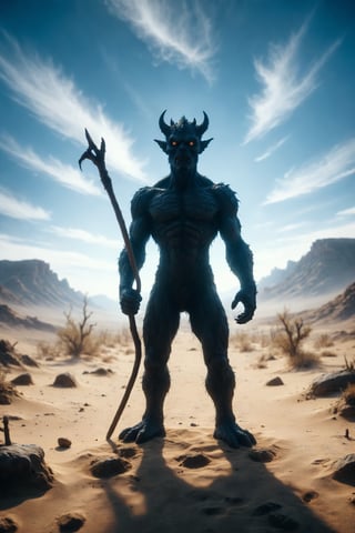 A young horro monster black figure standing confidently holding a wooden wand, symbolizing enthusiasm IN A LANDSCAPE DESERT WITH BLUE SKY