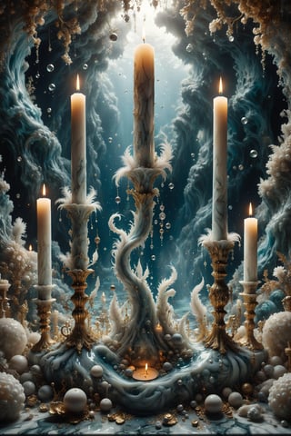 A candle with marble texture and interesting, surreal organic curves, in a surreal underwater landscape with candelabras resembling underwater volcanoes. Inlaid underwater volcanoes, decorative gold accents, feathers, diamonds, and iridescent bubbles.