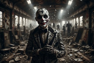 A harlequin with a perpetually smiling mask and black-and-white diamond-patterned suit, playing with mirrors reflecting illusions of laughter and tears in an abandoned circus.