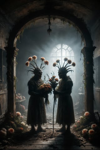 Two horror monsters  holding bouquets of flowers in a backroom of a composition, with four wooden wands holding a flower arch