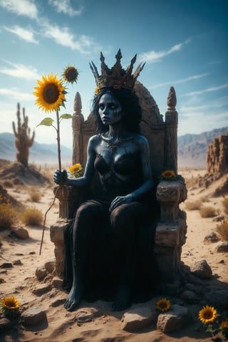 A horros monster black female inspiration with a crown, sitting on a brown stone throne, with a wooden stick in her hand and a sunflower in the other hand,  the scene must be in a desert environment with the blue sky