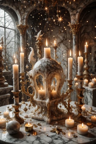 A candle with marble texture and interesting, surreal organic curves, in a surreal star temple with candelabras shining like constellations in the sky. Inlaid star temples, decorative gold accents, feathers, diamonds, and iridescent bubbles.