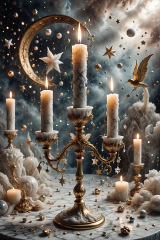 A candle with marble texture and interesting, surreal organic curves, in a surreal sky with candelabras resembling shooting stars. Inlaid shooting stars, decorative gold accents, feathers, diamonds, and iridescent bubbles.