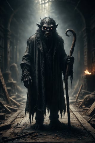 Design a scene of a fancy horror monster black, with an exhausted expression, holding a wooden cane, and behind him, there must be many more wooden wands
