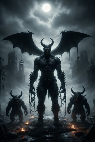 A horror monster black with horns and bat-like wings, standing next to two chained monsters, symbolizing slavery.