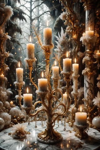 A candle with marble texture and interesting, surreal organic curves, in a surreal crystal forest illuminated by golden candelabras resembling crystal trees. Inlaid crystal forests, decorative gold accents, feathers, diamonds, and iridescent bubbles.