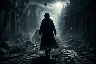 A vagabond in tattered cloak and top hat, walking through dark alleys where shadows twist like serpents before vanishing into the twilight of night.
