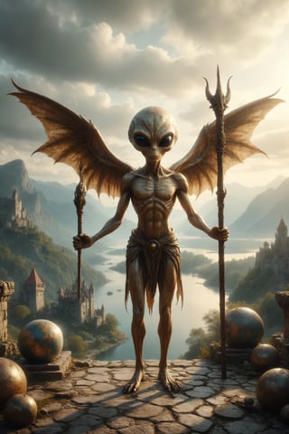 Design a scene of a luxurious golden alien with wings and horns holding two long wooden staffs, with both hands and next to it on the ground, a globe, located on a terrace of a castle, looking towards the horizon, where see a mountain and a river
