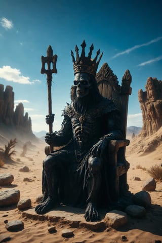 A king horror monster black with a crown, sitting on a brown stone throne, with a wooden stick in him hand, the scene must be in a desert environment with a blue sky.

