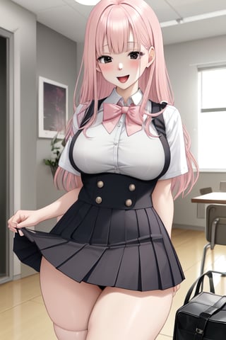 A mature woman, with a funny expression on her face, has fair skin, pale pink hair, long and straight hair, black eyes, large breasts, wide hips, thick thighs, the woman is dressed in a revealing schoolgirl uniform, scenario: the woman was dressed as a schoolgirl, she is lifting her short skirt, thus showing her underwear, background: a simply but comfortably furnished room