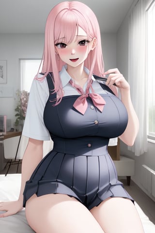 A mature woman, with a funny expression on her face, has fair skin, pale pink hair, long and straight hair, black eyes, large breasts, wide hips, thick thighs, the woman is dressed in a revealing schoolgirl uniform, scenario: the woman was dressed as a schoolgirl, she is lifting her short skirt, thus showing her underwear, background: a simply but comfortably furnished room