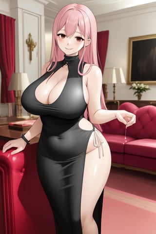 Woman, with a calm smile, slightly tired look, black eyes, long and straight hair, pale pink hair color, large breasts, wide hips, dressed in a low-cut, sleeveless black dress, somewhat elegant dress, background: living room of an elegant house