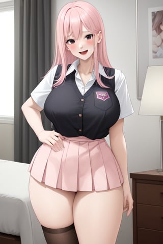 A mature woman, with a funny expression on her face, has fair skin, pale pink hair, long and straight hair, black eyes, large breasts, wide hips, thick thighs, the woman is dressed in a revealing schoolgirl uniform, scenario: the woman was dressed as a schoolgirl, she is lifting her short skirt, thus showing her underwear, background: a simply but comfortably furnished room