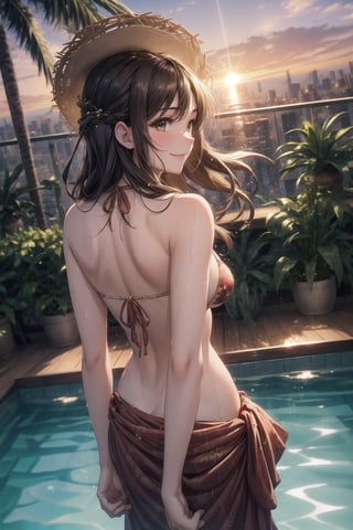1girl, solo, rooftop_pool, infinity_edge, sunset, golden_hour, wet_skin, droplets, bikini, sarong, sun_hat, sunglasses, cocktail, tropical_flowers, hair_blowing_in_wind, leaning_on_railing, arched_back, toned_body, side_view, cityscape, palm_trees, lounge_chairs, fairy_lights, lens_flare, reflection_in_water, golden_skin, relaxed_smile, dreamy_expression, bokeh, wide_angle_shot
