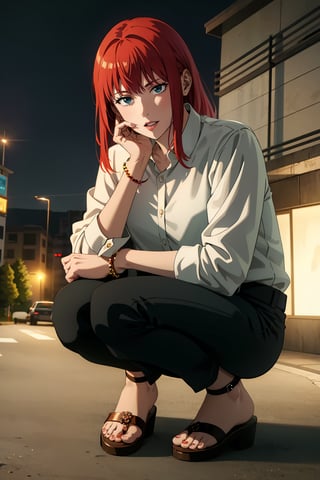 1girl, solo, long hair, looking at viewer, bangs, red eyes, shirt, red hair, holding, jewelry, full body, white shirt, outdoors, food, shorts, sleeves, nail polish, bracelet, black pants, night, smoking, sandals, squatting, long sleeve shirt, holding cigarette, building, hand on own face, popsicle, ice cream ,flash,flashlight,makima \(chainsaw man\) , red_hair , red_eyes ,makimacsm,masterpiece, leather sandals, dark red toe nails ,flat sandals ,long pants, on phone, feet, jeans, ripped jeans
