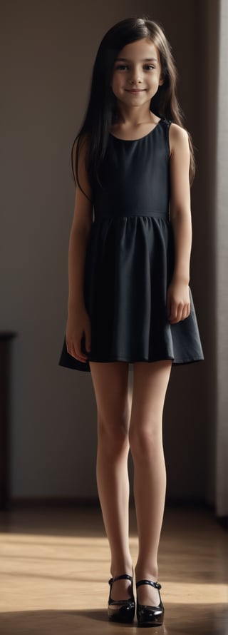 Create a cinematic shot of a realistic, full-length girl, ((she is 11 years old)), ((very long legs)), ((perfect tits)),  alone, indoors. The girl has long black hair, a smile, and is wearing a very short dress and high heels. She stands and looks at the viewer. Enhance the atmosphere with bright shadows and use all artistic styles. Capture the highest quality scene detail at its extreme, using light to its full potential. Make sure the end result is 32K Ultra HD to showcase creativity and realism. 