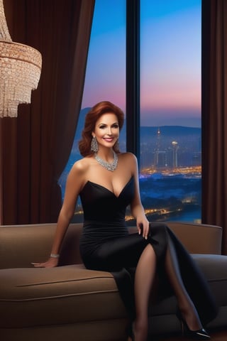 A stunning Central European Lady, 50 years old, standing 1.65 meters tall and weighing 65 kilograms, with slightly wavy red hair falling over her shoulders. She has thin lips and subtly sun-kissed skin, with elegant and understated makeup. She is wearinga short red off-the-shoulder evening dress, black high heels with 10 cm stiletto heels, brown sheer tights,  She is sitting upright on a large black leather sofa with her legs crossed and is smiling confidently. She is adorned with a diamond necklace and matching diamond earrings. In front of the sofa, there is a small glass side table. The setting is a luxurious living room with a large window in the background, offering a breathtaking view of the city's skyline during twilight, with the city lights starting to twinkle. The room is warmly lit with a chandelier hanging from the ceiling and modern art pieces on the walls, adding to the opulence of the scene,photorealistic,tacacá,Extremely Realistic