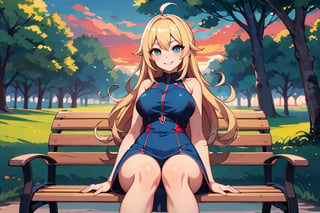 Anime girl smiling, sitting on a bench in the park, defined curves, long blonde hair, red and blue dress, background: large set of trees at dusk.,Colors