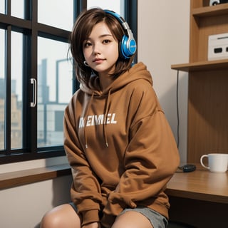 short hair, 1girl, smirk, brown hair, hoodie, gamer, long sleeves, brown eyes, sitting, closed mouth, indoors, window, lips, sleeves past wrists, realistic, headphones, rebel