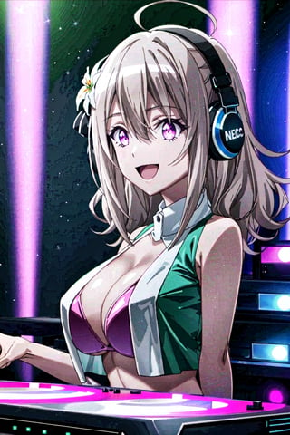 Wide shot, female_solo, 1girl, looking at viewer, 3d, anime, official style, anime coloring, anime screencap, (simple background, solid white background:1.3), lily, hair flower, bikini_top_only, white shirt, vest, ribbon, smile, headphones_around_neck, dj_turntable, indoors, drinking_alcohol, high_resolution, high detail, :d, plays DJ instrument so passionly, Best quality, high resolution photo, nightclub, dark_environment, massive_boobies, DJs concentrate on the venue, The DJ machine is exquisitely operated, full passion, enthusiasm, leds, sparkling,neon lights,Surrealism,Glowing,Fluorescent,Ultraviolet,Extreme Long-Shot,galactic,galaxy,Nightclub Lighting,Futurism,Fantasy,Style-NebMagic,party,dj