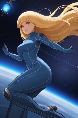 long blonde hair, blunt bangs, hazel eyes, Blue Lantern suit, bold lines, focus on detail, curvy, flying in space