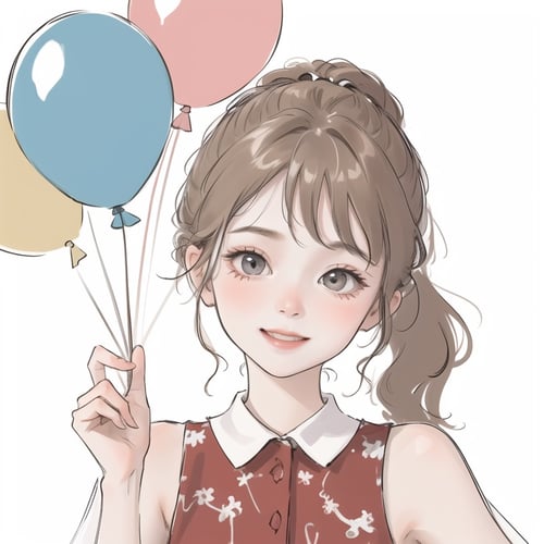 (masterpiece, best quality:1.2), ultra-detailed,(ultra detailed)，white_background，1girl,  White ponytail,portrait，best light and shadow,Holding the five -color balloon, smile,<lora:qianbi:0.8>
