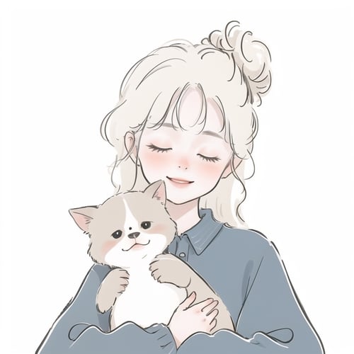 (masterpiece, best quality:1.2), ultra-detailed,(ultra detailed)，white_background，1girl,  White hair，hair_bun,portrait，best light and shadow,Holding a kitten in his arms, smile,<lora:qianbi:1>