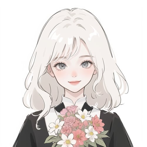 (masterpiece, best quality:1.2), ultra-detailed,(ultra detailed)，white_background，1girl,  white hair,portrait，best light and shadow,Holding a bunch of flowers, smile,<lora:qianbi:0.8>