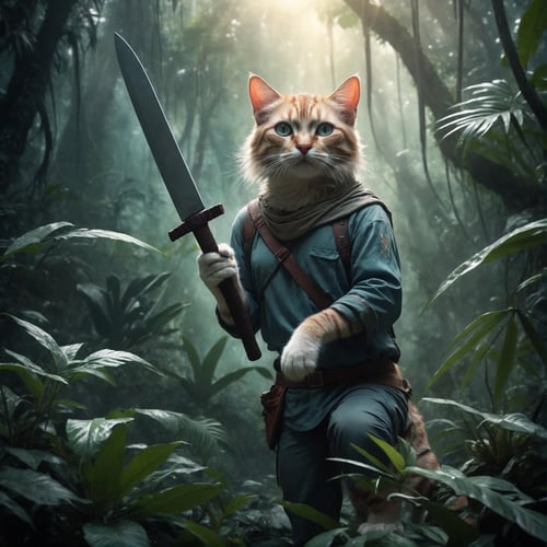 ethereal fantasy concept art of cinematic film still, adventurer cat, dense jungle, holding a machete . magnificent, celestial, ethereal, painterly, epic, majestic, magical, fantasy art, cover art, dreamy