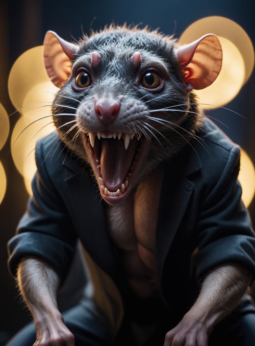 cinematic film still, a rat demon, wrathful eyes, sharp teeth, dark atmosphere, shallow depth of field, vignette, highly detailed, high budget, bokeh, cinemascope, moody, epic, gorgeous, film grain, grainy, high quality photography, 3 point lighting, flash with softbox, 4k, Canon EOS R3, hdr, smooth, sharp focus, high resolution, award winning photo, 80mm, f2.8, bokeh