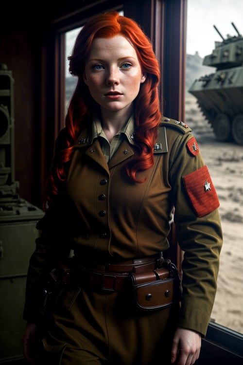 Wide angle photorealistic shot, (Enchanting redhead in wartime drama:1.3), Detailed conflict chaos, Real-Time Ray Tracing lighting, Volumetric shadows, Exceptional photorealism, (Intense war ambiance:1.2), Raw photography quality, Highly detailed protagonist, Emotional depth, Raw imagery at the highest quality