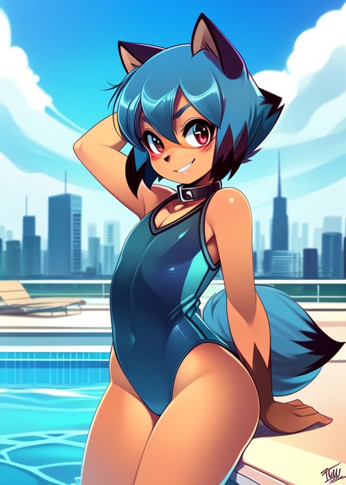 by Rudragon, by Tsampikos, scalie schoolie, solo (michiru kagemori:1.25), one-piece swimsuit, pose, flat chested, smile, hand up, collar, half-length portrait, three-quarter view, BREAK, swimming pool, cloud, summer day, (detailed background, cityscape:1.25), masterpiece, best quality, 4k, 2k, high detail, absurd res