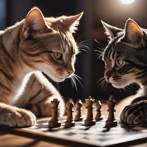 photo of 2 cats playing chess, detailed light, high quality photography, 3 point lighting, flash with softbox, 4k, Canon EOS R3, hdr, smooth, sharp focus, high resolution, award winning photo, 80mm, f2.8, bokeh