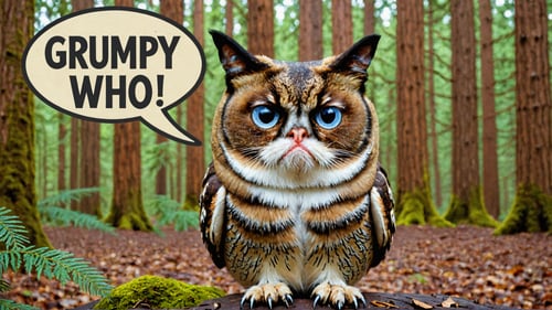Photo of owl grumpy cat in forest with a text bubble that says "grumpy who"
