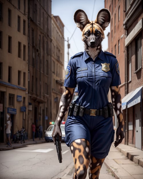 anthro, african wild dog, solo, female, adult, police uniform, realistic fur, detailed background, street background, hyper realism, RAW photo, (realism, photorealistic:1.3), detailed, hi res,
