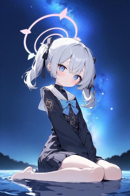 cute 1girl,\(blue archive\), blue archive, azusa ,white hair, blue eye,sitting on water's surface,wariza,(Magnificent view:1.4),full body,head tilt,looking at viewer,(cowboy shot),late at night,(starry night sky:1.2),Nebula, clear sky,blurry,(depth of field:1.1),perspective