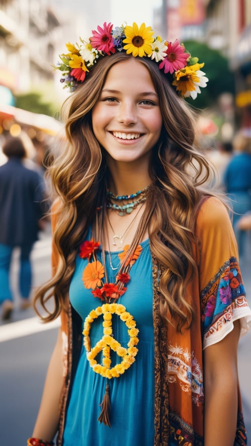 Imagine a breathtakingly cinematic photograph that captures the essence of the 70s: A young hippie girl, her brown hair cascading down in carefree waves, is adorned with a vibrant flower crown. She radiates joy and the spirit of the era, wearing colorful, flowy clothes that speak of freedom and rebellion. Her smile is infectious, and around her neck hangs a peace sign necklace, a symbol of the times. She stands on a bustling San Francisco street, the essence of the city's soul in the 70s palpable in the background. This image, taken with a 50mm lens, boasts a film-like quality, rich in bokeh, and exudes a professional, 4k level of high detail. The photograph captures not just a moment but the spirit of an age - a snapshot that is as vivid and detailed as memory itself.