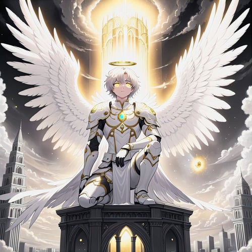 Fluffy White Angel male perched upon golden bejeweled tower in a heavenly utopian city, huge feathery angel wings, glowing nebula eyes, white flowing clouds, ivory armor with diamond gem inlay, trending on artstation, sharp focus, anime, (lineart), (monochrome), black and white, (colorless), lineart, LineAniAF