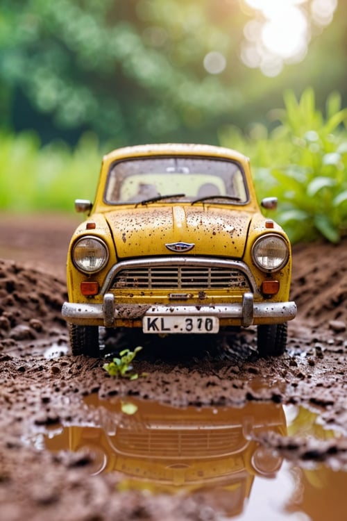 8K, high quality, bokeh, macro shot, close up, tiny retro auto, on slightly muddy ground, fresh morning atmosphere, amazing depth of field, blur in the back