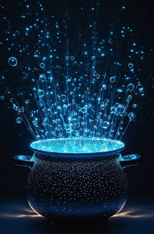 Cooking Pot, bioluminescent, bright luminescence white light, made out of light beams, bubbles, particles, sparkles, glitch 