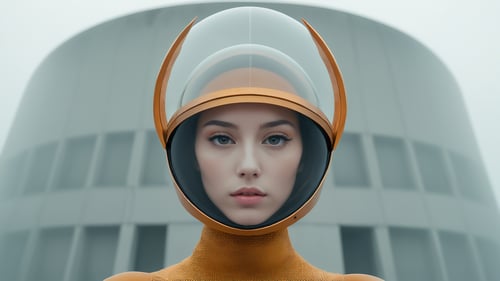 cinematic style, Abstract high quality sharp fashion design photography. minimalist Three-quarters portrait. Canon EOS Rebel XS. RF 70-200mm. ISO 400. F/5.6. Golden ratio. Horizontal three eyed beaming abstract shaped Spaceship shrimp helmet transparent women. Two point perspective. minimalist brutalist pattern. Split complementary range of color. Misty Fill light,   <lora:movb3:1>