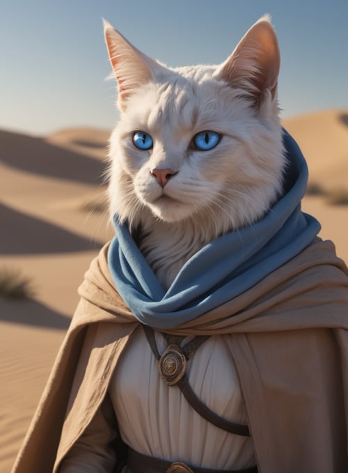 Impressionistic Artwork, dune movie ,closeup of an anthro cat ,glowing Blue eyes, withered desert outfit, cloak , desert landscape, epic light, sfw, high quality photography, 3 point lighting, flash with softbox, 4k, Canon EOS R3, hdr, smooth, sharp focus, high resolution, award winning photo, 80mm, f2.8, bokeh