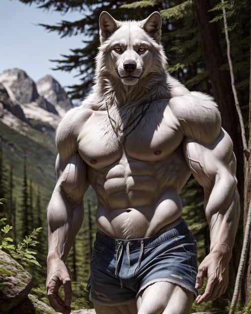 anthro, white wolf, male, adult, muscular, veiny muscles, shorts, topless, looking at viewer, realistic fur, detailed background, wilderness background, hyper realism, RAW photo, (realism, photorealistic:1.3), detailed, hi res,