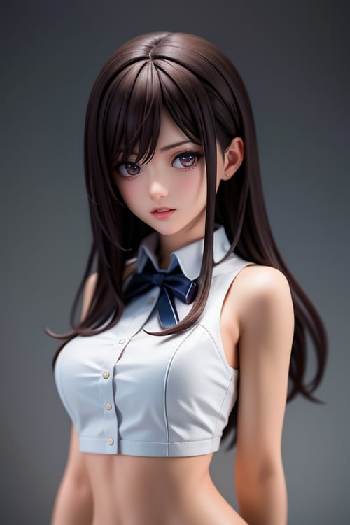 photorealistic, masterpiece, best quality, raw photo, 1girl, solo, long hair, brown hair, detailed face, alluring face, collared shirt, medium breasts, dynamic pose, looking at viewer, detailed background, fine detailed, intricate detail, ray tracing, depth of field, low key, hdr, (masterpiece,best quality:1.5)
